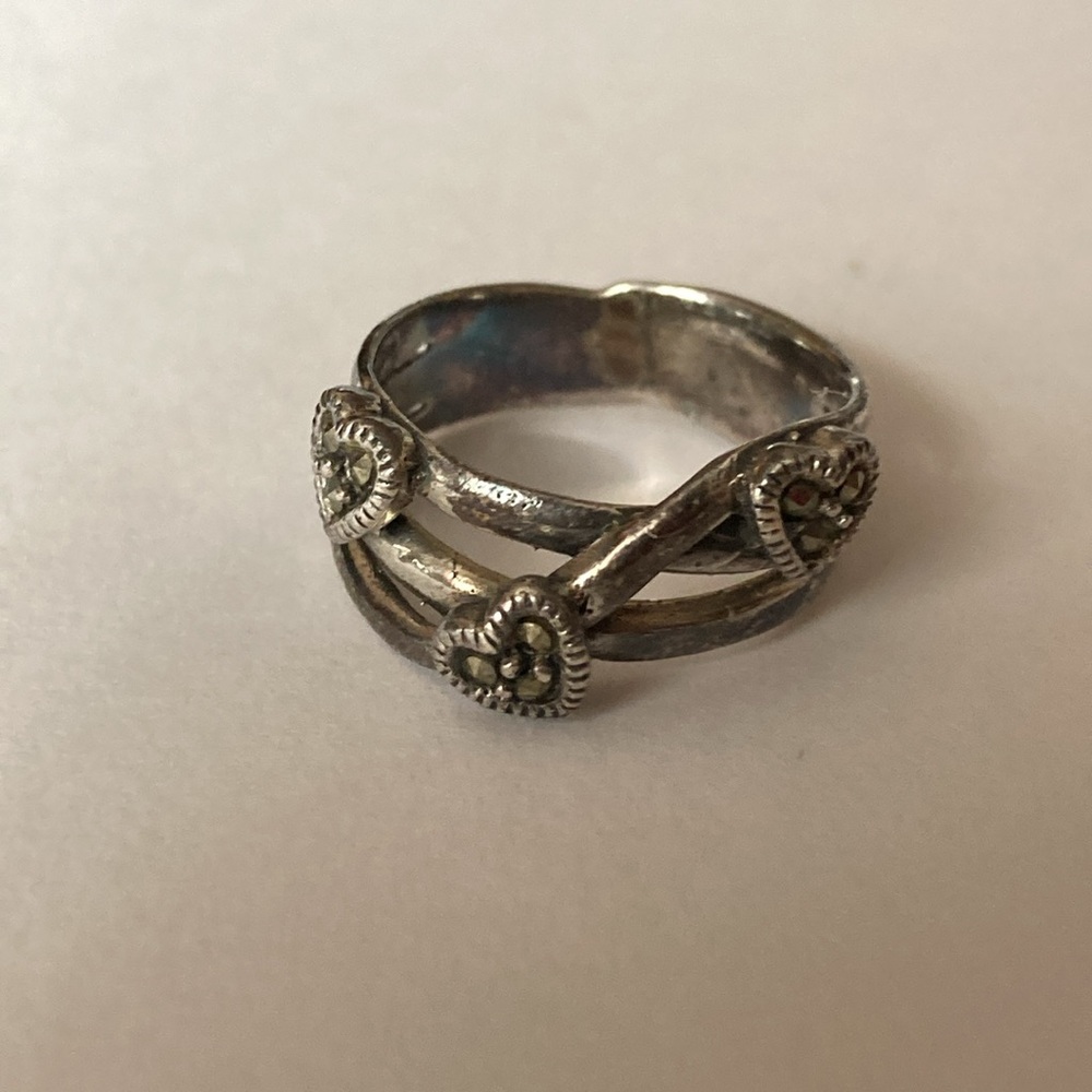 Sterling Silver Marcasite Trio Mini Hearts Ring Size 6.75 Michael Anthony Vtg